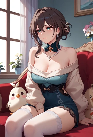 star rail,ruan mei,off-shoulder,sweater  - AI generated anime art